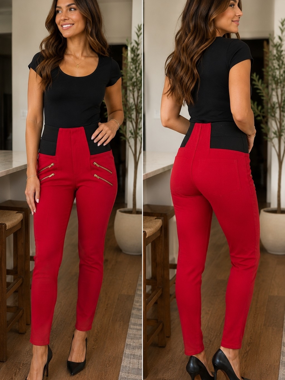 Ci Sono Red High-Waist Skinny Pants with Black Contrast Waistband